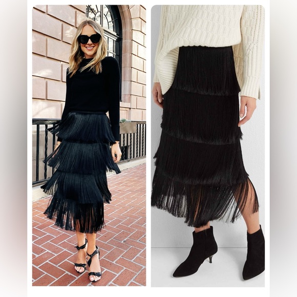 Club Monaco NWT Midi Fringe Showgirl Skirt black XS Size 00 - Picture 2 of 8